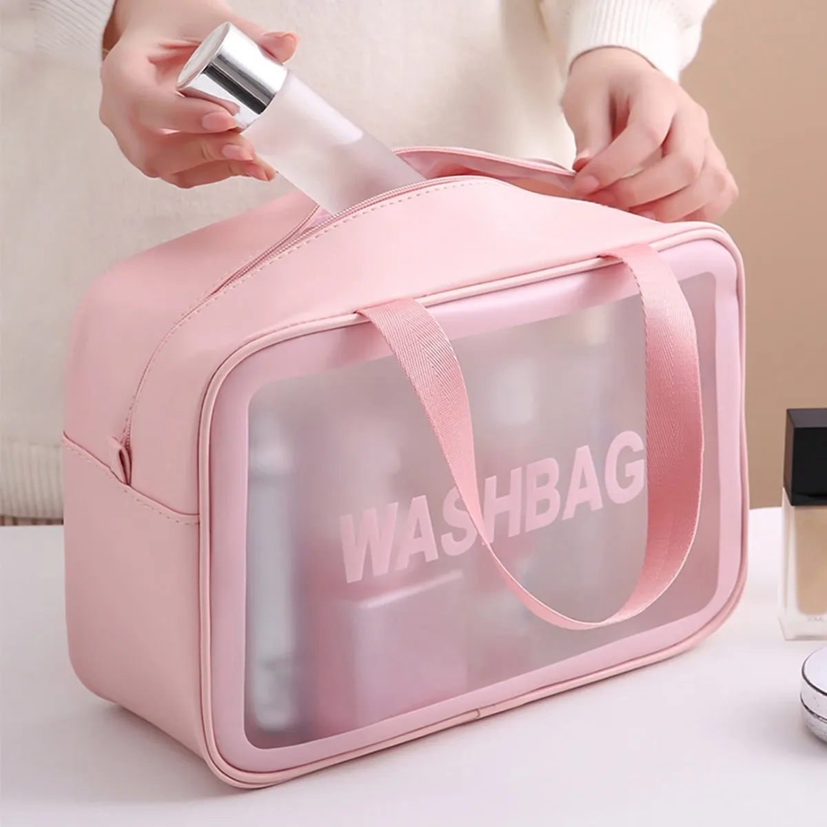 sac de toilette portable en pu pour femmes et hommes, sac de maquillage transparent imperméable, organiseur de toilette pour accessoires