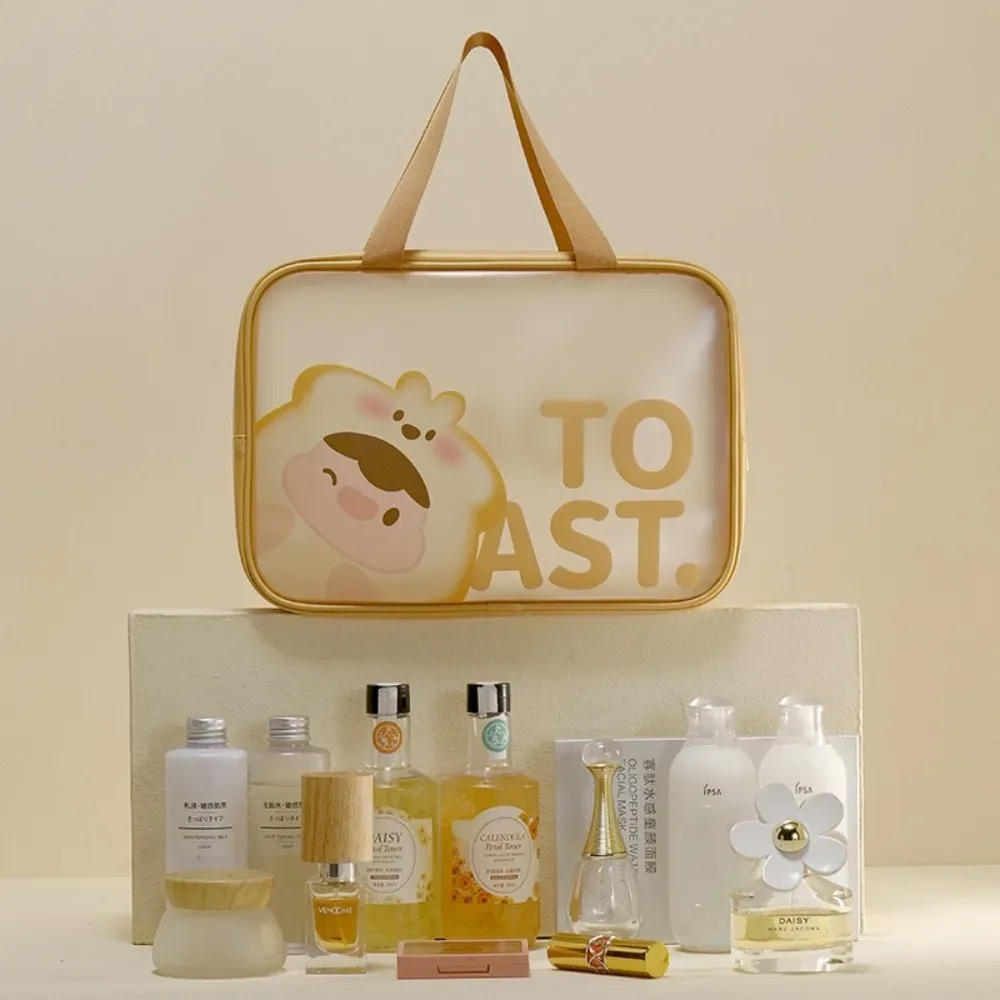 sac de toilette transparent portable, imperméable, givré, grande capacité, sac à cosmétiques avec imprimé de dessin animé, étui de maquillage de voyage peu encombrant.