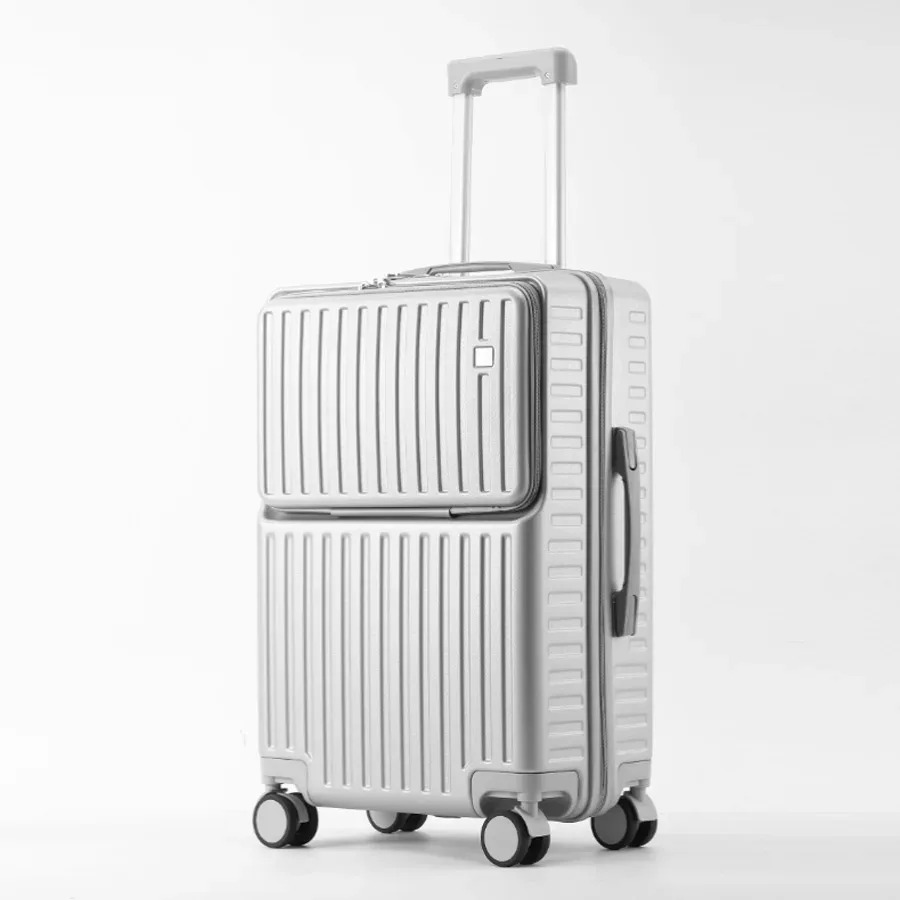 porte-bagages à main à ouverture frontale, support de téléphone caché, compartiment humide/sec, 20 pouces abs + pc, valise multifonctionnelle, porte-gobelet, crochet latéral