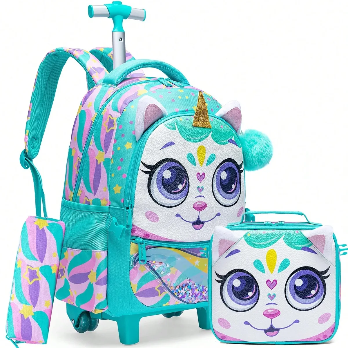 sac à dos à roulettes pour filles, sac à dos pour enfants à roulettes, ensemble de sacs à roulettes pour l'école avec boîte à lunch isotherme, sac de voyage pour enfants