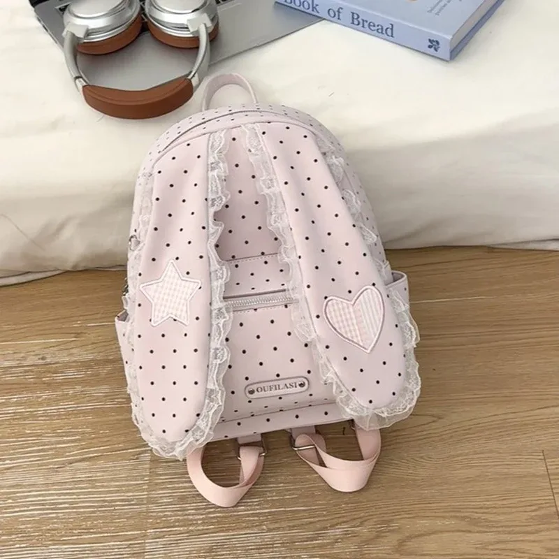 sac à dos créatif mignon avec oreilles de lapin, décor en dentelle à pois, style japonais lolita, sac à dos preppy pour fille, sac à main léger en nylon