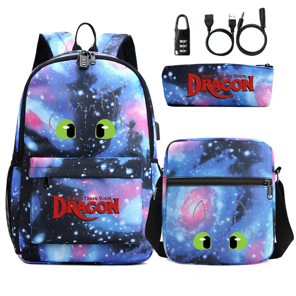 comment entraîner votre dragon 3 pièces usb antivol serrure garçon fille enfants retour à l'école livre sacs voyage sac à dos sac à bandoulière sacs à stylos