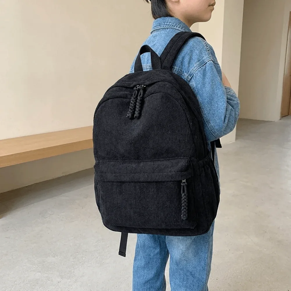 sac à dos léger en velours côtelé, grande capacité, couleur unie, sac d'école pour étudiants, sac à dos portable de style japonais pour femmes