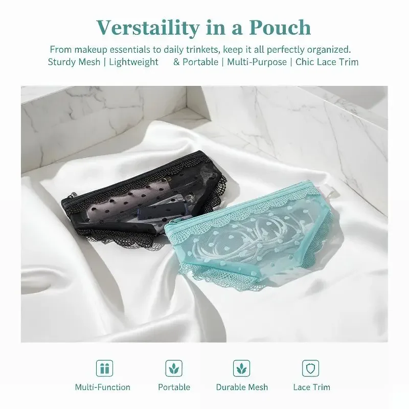 trousse de maquillage portable unique en dentelle et résille, sac de rangement cosmétique à fermeture éclair