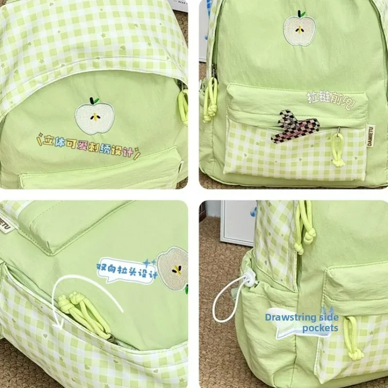 sac à dos d'étudiant en nylon à carreaux, style coréen, motif cœur, doux, mignon, décontracté, respirant, léger, pour les trajets quotidiens