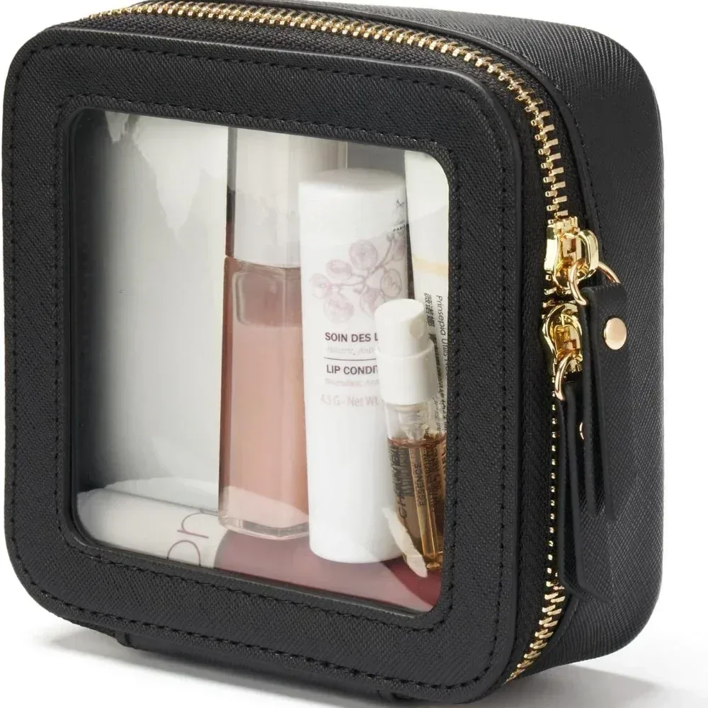 mini trousse de maquillage transparente en faux cuir pu saffiano végétalien, jolie petite fenêtre visible, rangement de rouges à lèvres, étui à cosmétiques pour pochette à main