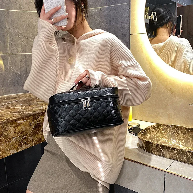 sac de maquillage de voyage de mode, grande capacité, noir, fil à broder en pu, grille de diamant, sac de toilette, sac de rangement de maquillage