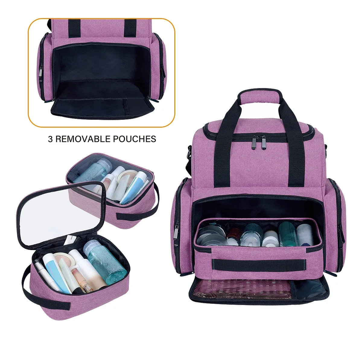 uozl trousse de maquillage double couche de grande capacité avec 3 pochettes amovibles et 2 compartiments amovibles avec bandoulière réglable