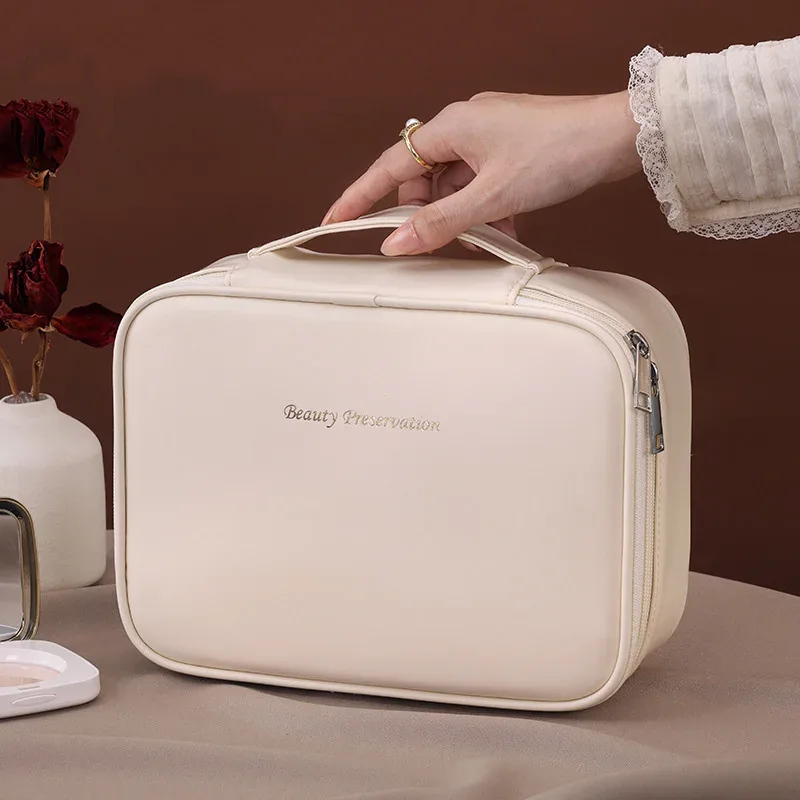 sac de maquillage fourre-tout de grande capacité en pu, organisateur de voyage portable, sac de rangement de cosmétiques de toilette, pochette de luxe à double couche pour femmes