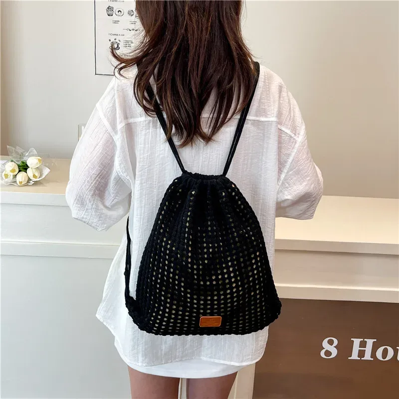 sac à cordon tissé tendance, grande capacité, design ajouré, sac à dos pratique pour les trajets quotidiens et le shopping