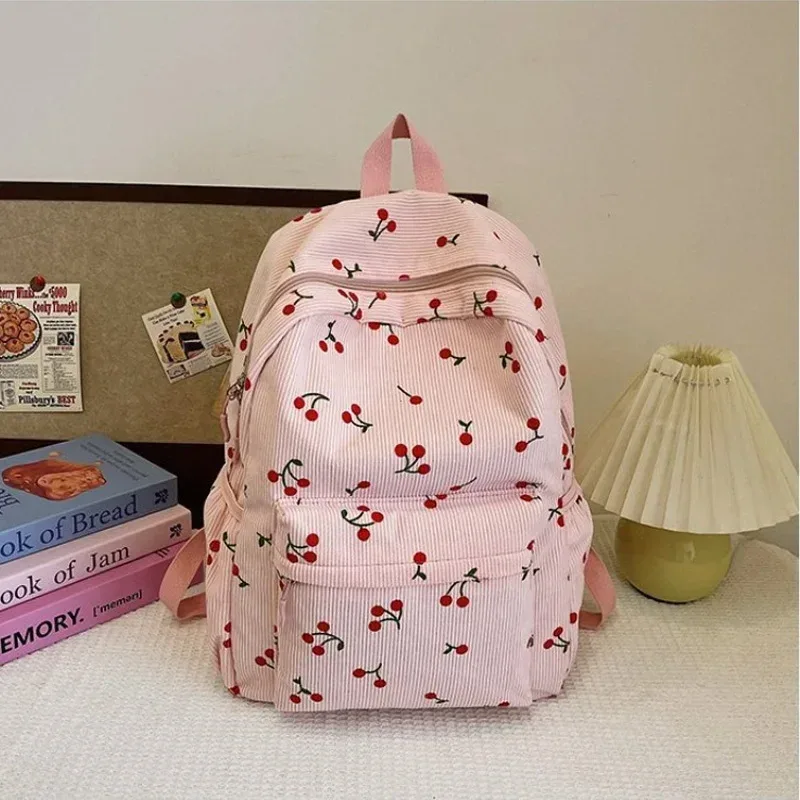 sac à dos en velours côtelé motif cerise pour femmes, sac de jour de voyage, sangle réglable, sac à dos pour ordinateur portable, fermeture éclair pour le travail, le shopping, l'école