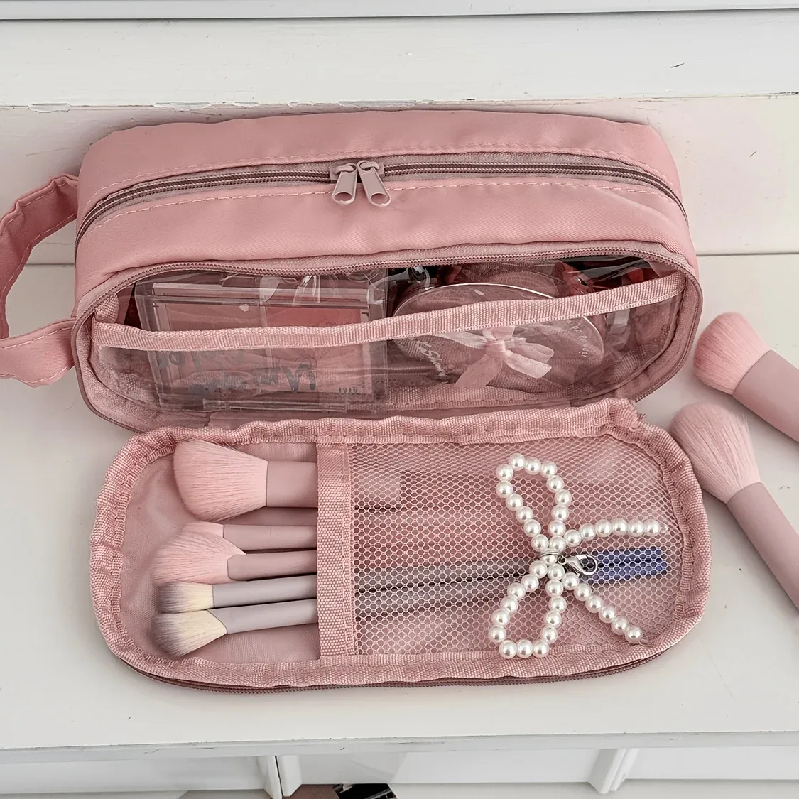 sac à cosmétiques portable, trousse de maquillage de voyage grande capacité, organiseur pour femmes, trousse de toilette pour voyager avec poignée et séparateur