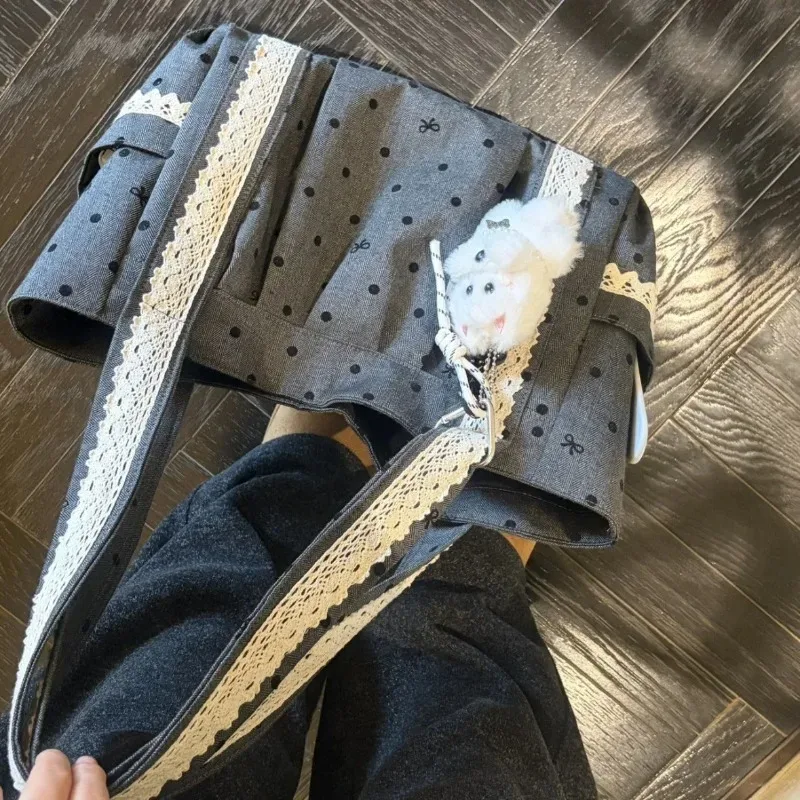 sac fourre-tout en toile floquée 3d à pois et dentelle, style coréen gris, grande capacité, pour étudiants et trajets quotidiens