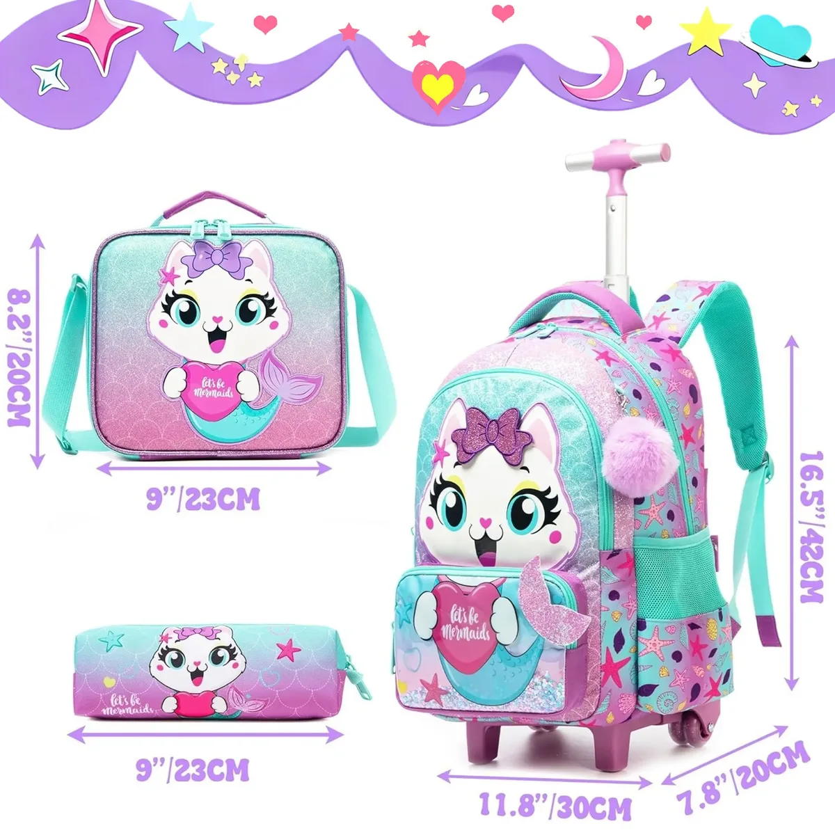 sac à dos roulant pour filles, valise de voyage pour enfants avec roulettes, bagage à main avec animaux mignon