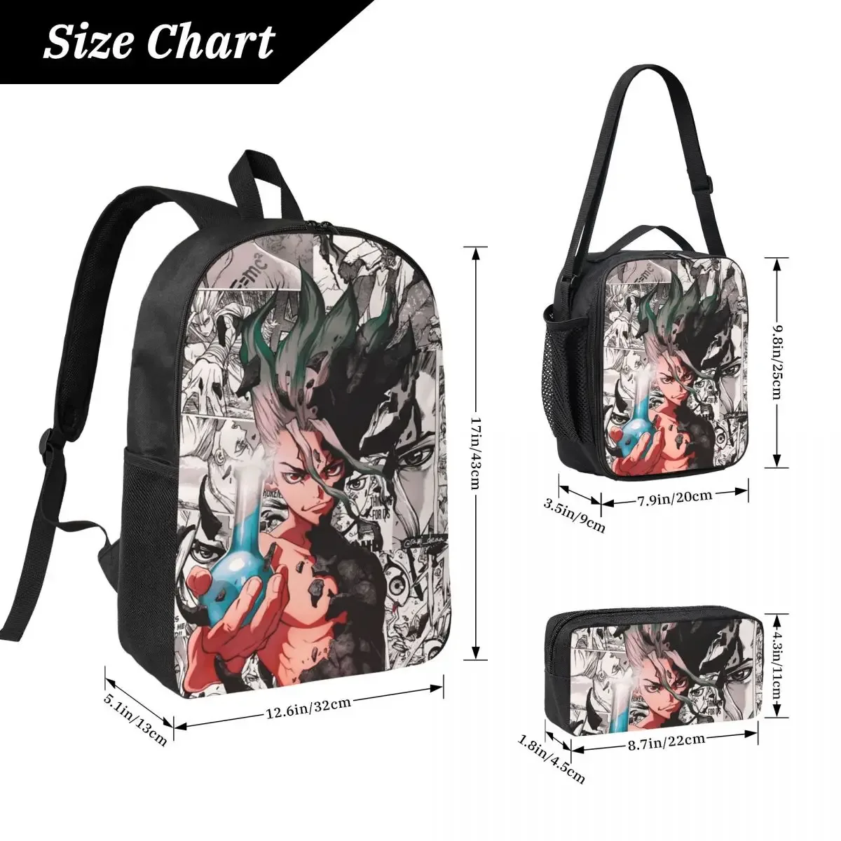 sac à dos d'école senku ishigami dr stone apan anime, sac à bandoulière pour ordinateur, 3 pièces, sac à déjeuner isotherme, trousse à crayons