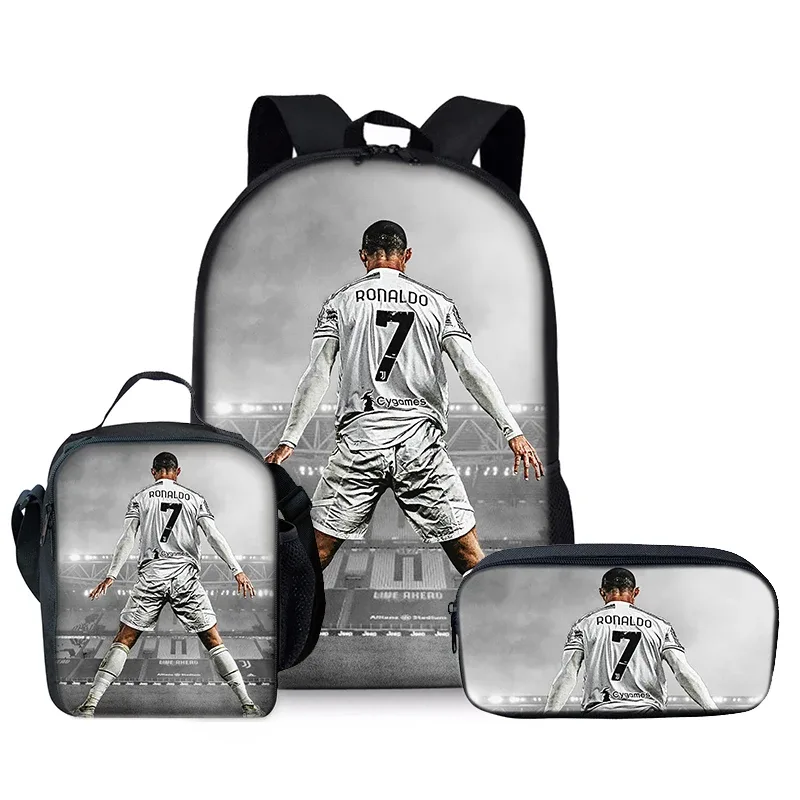 joueur de football cr7 ensemble de trois pièces sacs à dos pour garçon et filles meilleurs cadeaux sac à dos d'école de dessin animé 3d pour les enfants