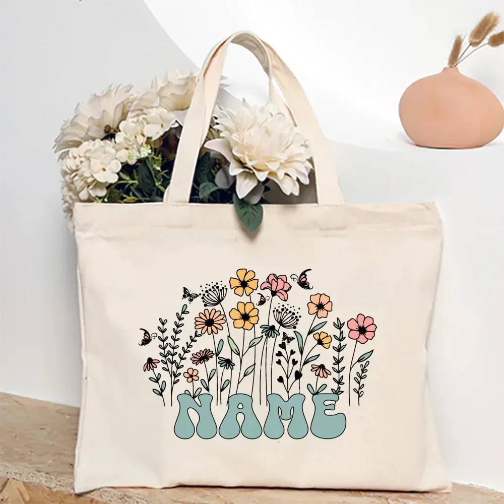 sac fourre-tout personnalisé avec fleur et nom pour femme, sacs à bandoulière en toile, sac de shopping monogrammé, sacs à main, cadeaux d'anniversaire et de mariage pour elle