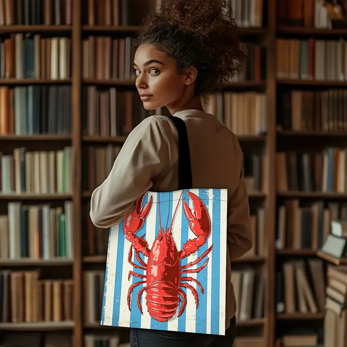 Sac fourre-tout élégant rétro imprimé homard rouge, grande capacité, sac à bandoulière décontracté en Polyester Durable avec sangle fixe pour le Shopping, 1 pièce