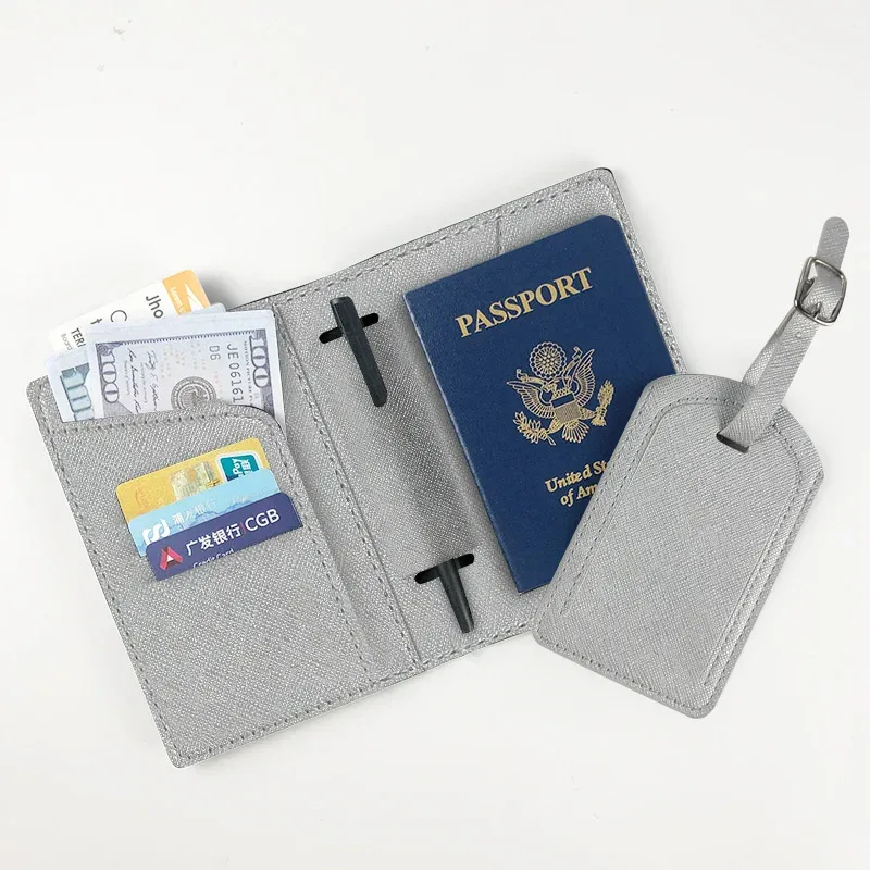 lettres personnalisées saffiano pu cuir voyage passeport couverture bagages étiquette ensemble multifonctionnel stylo billet carte de crédit porte-passeport
