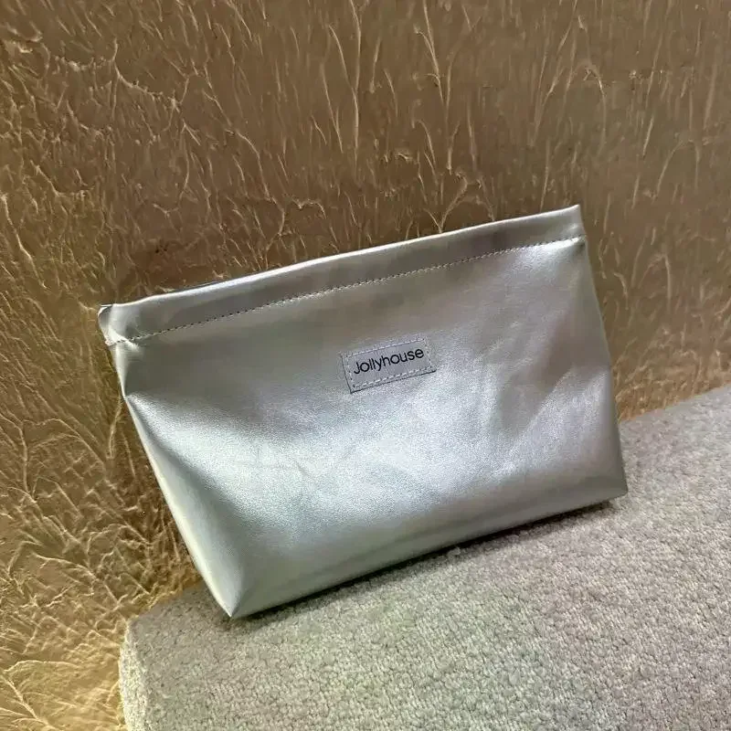 trousse de maquillage portable grande capacité en pu argenté, trousse de toilette multifonctionnelle avec fermeture éclair, sac cosmétique polyvalent
