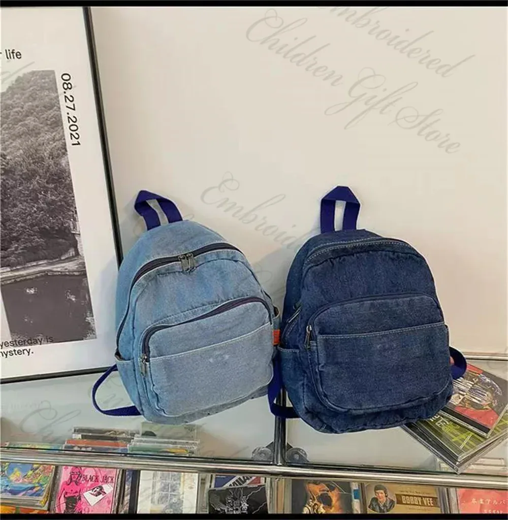 sac à dos en denim avec nom brodé pour femmes, sac de voyage en toile denim pour l'extérieur, nom personnalisé, cartable pour étudiants