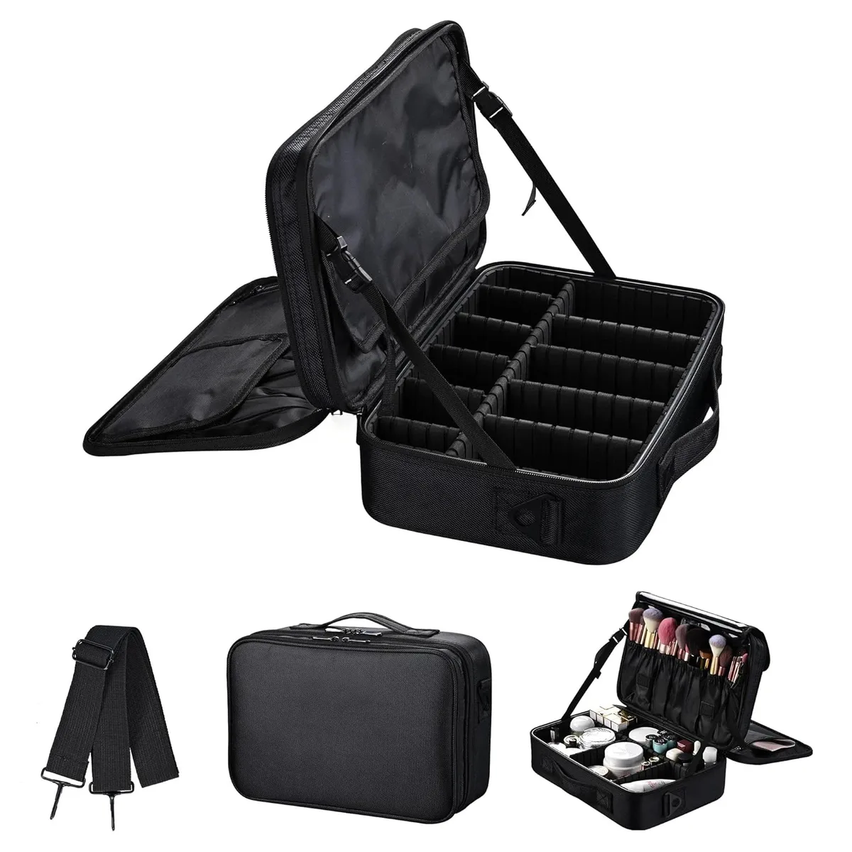 trousse de maquillage de voyage de grande capacité, forêt d'artiste portable avec séparateurs réglables et bandoulière pour articles de toilette et bijoux