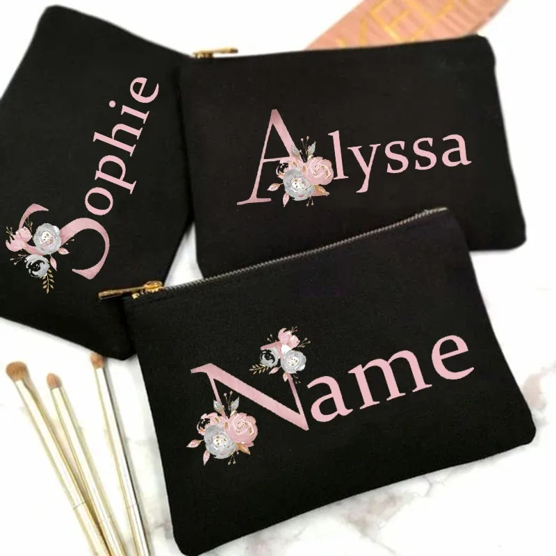 Trousse de maquillage personnalisée avec nom initial, trousse à cosmétiques de mariée, pochette de toilette monogramme en toile, cadeaux pour demoiselle d'honneur, sacs de maquillage