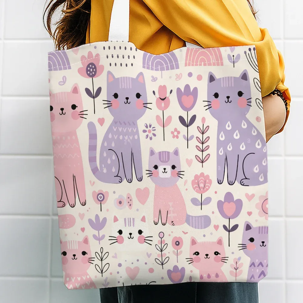 sac fourre-tout/sac à bandoulière portable, thème chat et fleurs pastel, pour voyage, shopping, sac à main léger, sac de rangement unisexe, 1 pièce