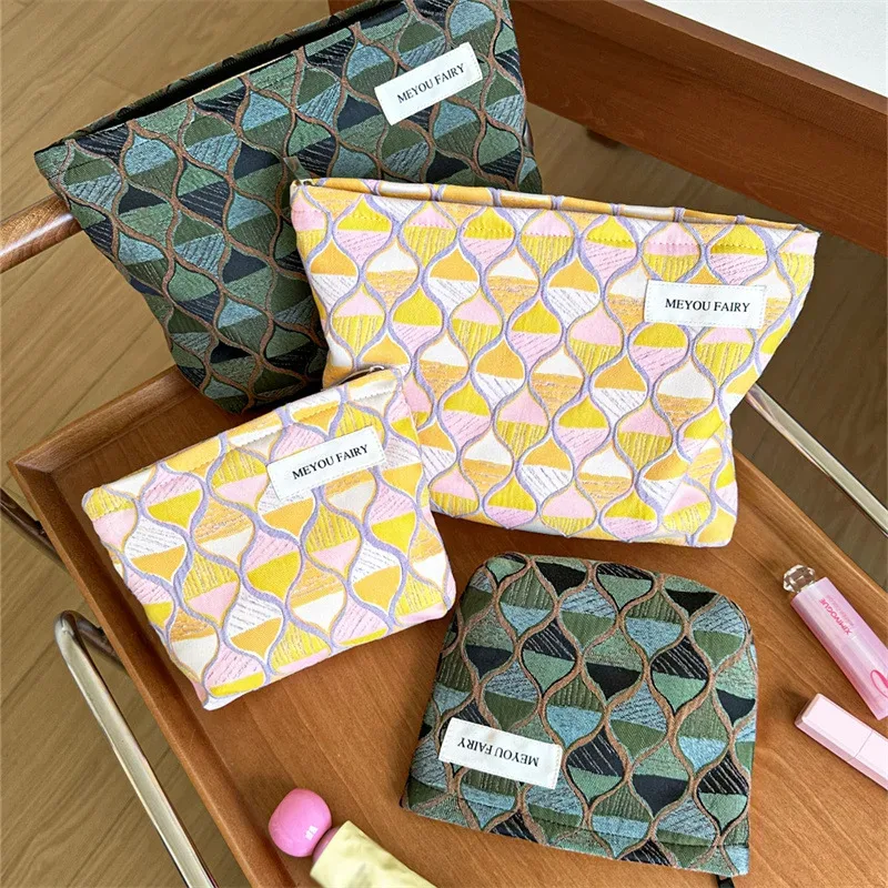 trousse de maquillage artistique de haute qualité à texture olive et blocs de couleurs, pochette cosmétique portable avec fermeture éclair, étui de rangement en toile pour articles de toilette