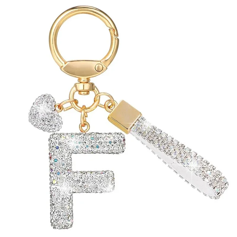 porte-clés avec lettres blanches brillantes, alphabet a-z pour porte-clés de voiture/sac à dos et cadeau avec lanière ajoutée