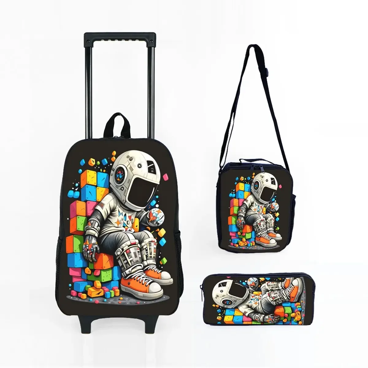 ensemble de sacs à roulettes à imprimé spatial d'astronaute avec boîte à lunch, trousse à crayons, sac à roulettes pour l'école, sac à dos pour fille/garçon