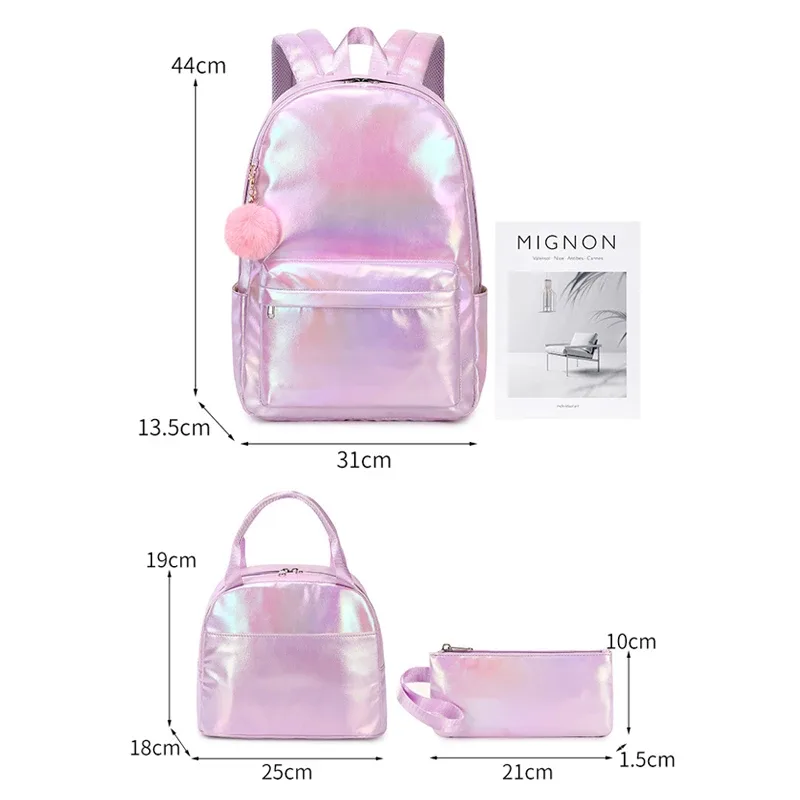 sac d'école étanche pour enfant et adolescente, interrupteur sac à dos avec déjeuner et trousse à crayons, ensemble de 3 pièces