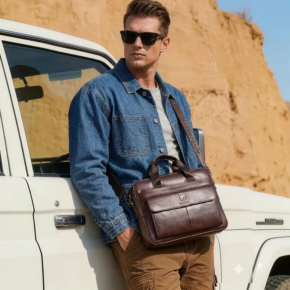 bullcaptain sac pour hommes en cuir véritable porte-documents pour ordinateur portable 14 messager sac en cuir pour hommes portefeuille d'affaires pour document a4