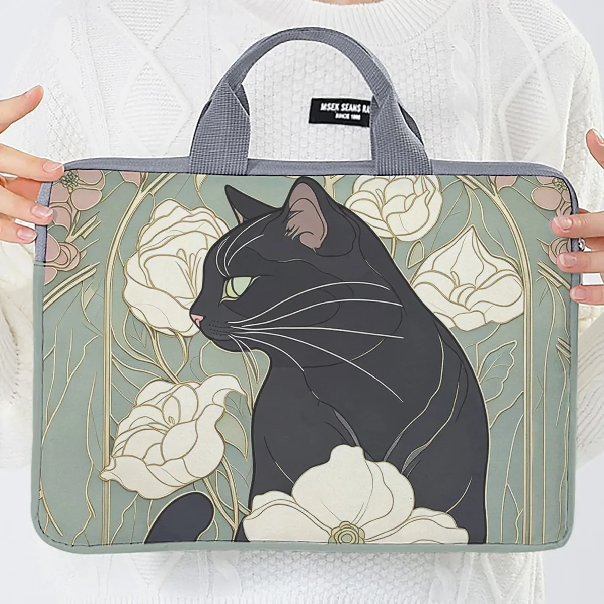 1 pièce, deux styles, sac pour ordinateur portable imprimé motif camélia et chat noir, housse souple en tissu pour ordinateur portable, convient aux ordinateurs portables de 14 pouces