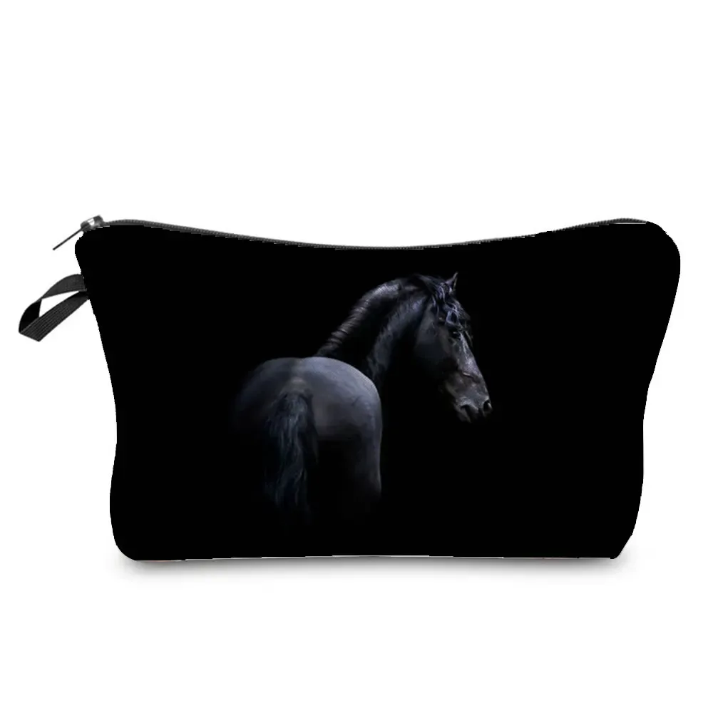 sacs de maquillage imprimés cheval pour femmes, sac à cosmétiques décontracté pour filles, mini trousse de toilette écologique réutilisable de voyage, trousse à crayons pour étudiants