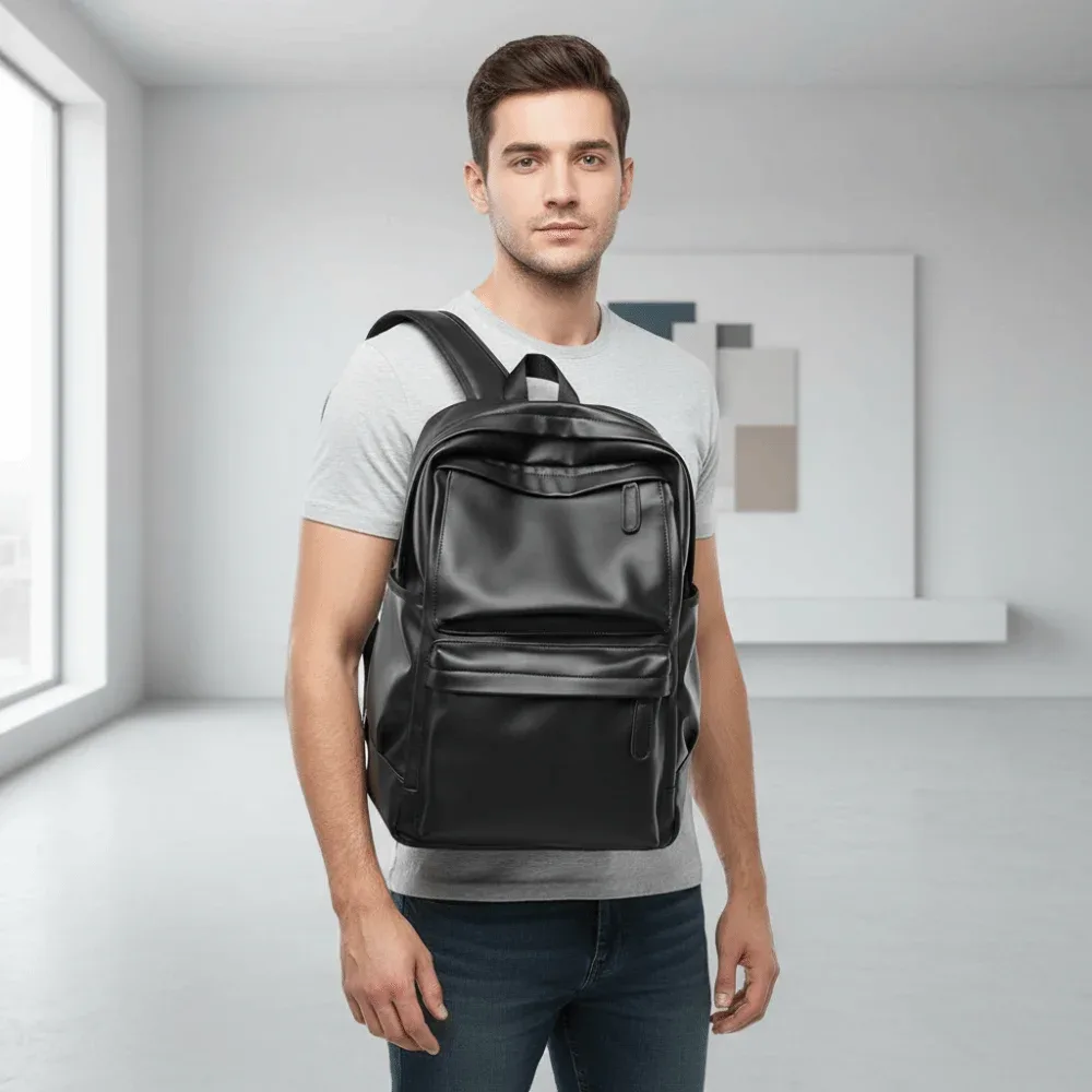 sac à dos en cuir pvc pour homme, bretelles rembourrées, poche zippée cachée, sac d'école pour ordinateur portable, résistant à l'eau, finition noire