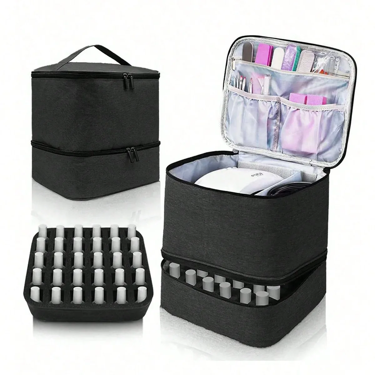 organisateur de vernis à ongles avec lumière uv intégrée, étui de transport double couche pour vernis à ongles, capacité de 30 flacons, sac de rangement, kit de manucure