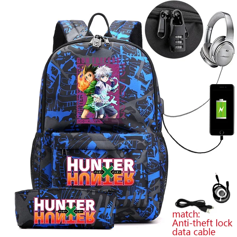 sac à dos hunter x hunter anime pour étudiants, sac à dos antivol décontracté avec trousse à crayons pour garçons et filles, sac d'école