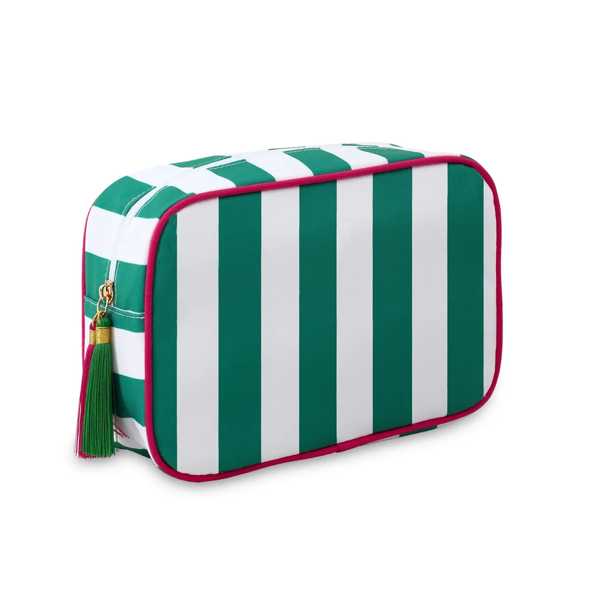 grand sac à cosmétiques portable rayé pour femmes, sac de maquillage à pompon avec fermeture éclair, pochette de rangement de grande capacité