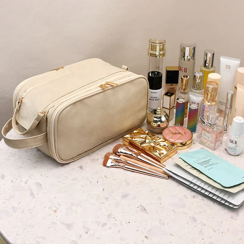 trousse de maquillage en cuir pu, grande capacité, sac de rangement de cosmétiques de voyage, sac à main portable pour femmes, trousse de toilette multifonction étanche