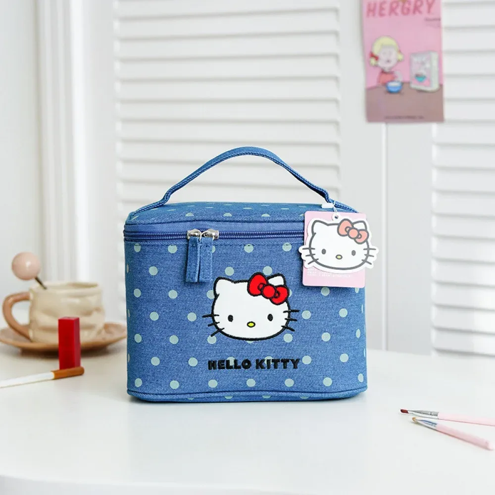 sac de voyage portable hello kitty mignon, trousse de maquillage à pois chat, boîte de rangement cosmétique à compartiments de grande capacité