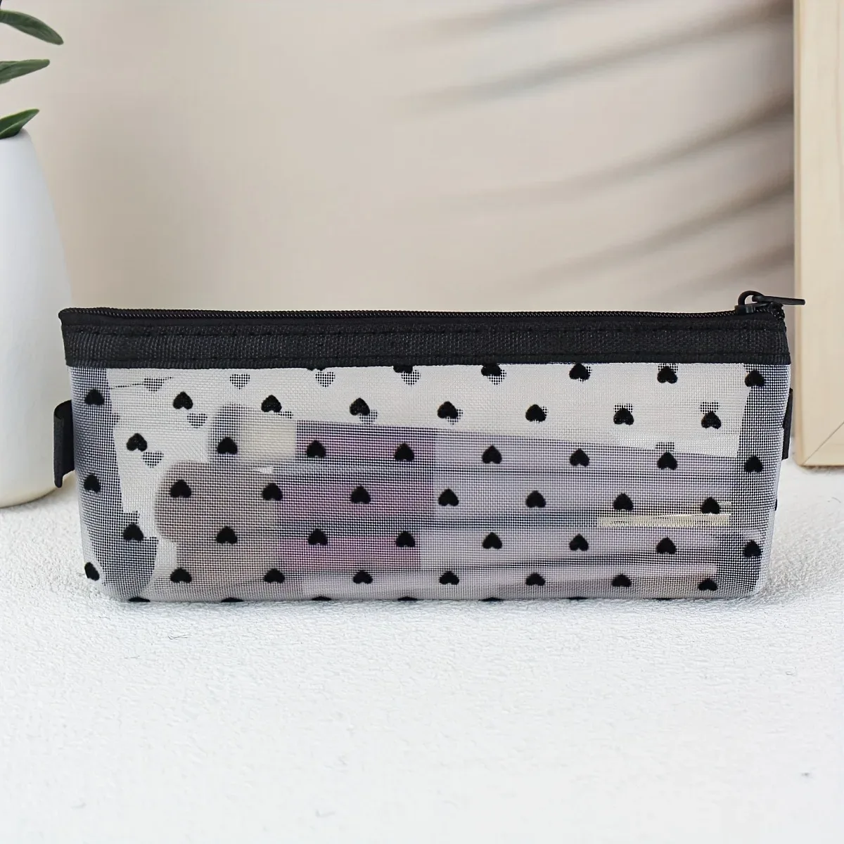 sac à cosmétiques en maille à motif de cœur de grande capacité, sacs de rangement de pinceaux de maquillage de voyage, pochette de rangement de rouge à lèvres, trousse à crayons portable