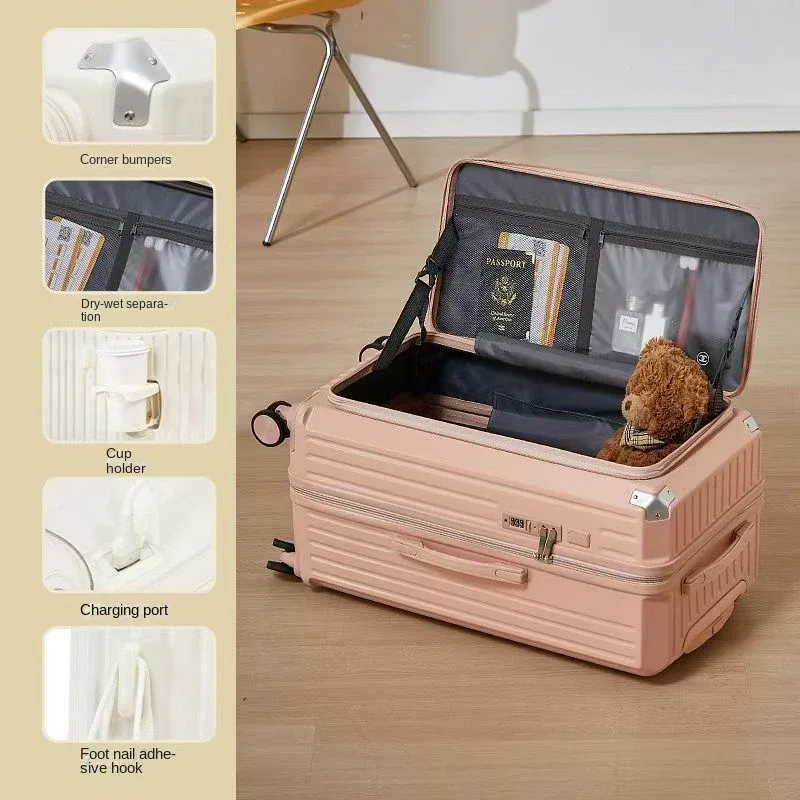 valise à ouverture latérale avec porte-gobelet usb, valise épaisse et durable, grande capacité, valises de voyage 36 pouces, 20/26/30/32 pouces