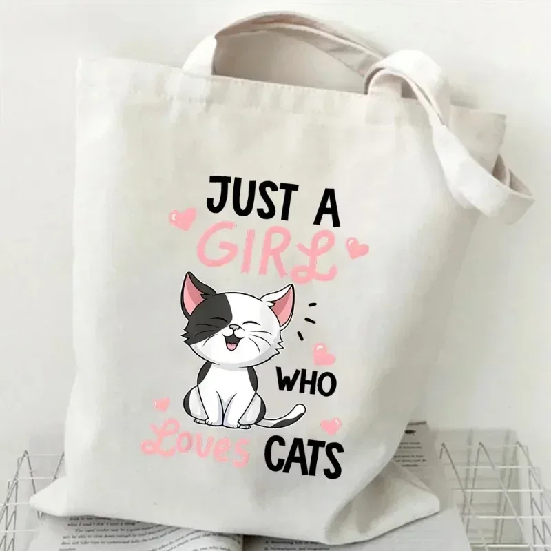 sac à bandoulière en toile pour femme, motif « just a girl who loves cats », sac de shopping, sac fourre-tout pour étudiante, sac à main motif chaton de dessin animé