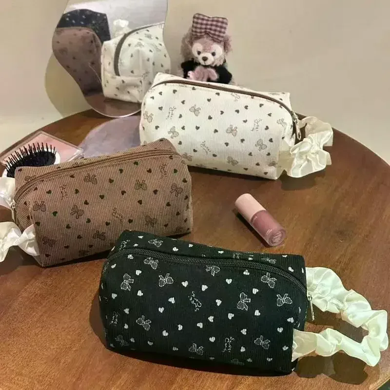 kawaii – trousse de maquillage avec nœud en velours côtelé, grande capacité, sacs à cosmétiques multifonctionnels pour femmes, étuis à main, trousse à crayons, sac de rangement