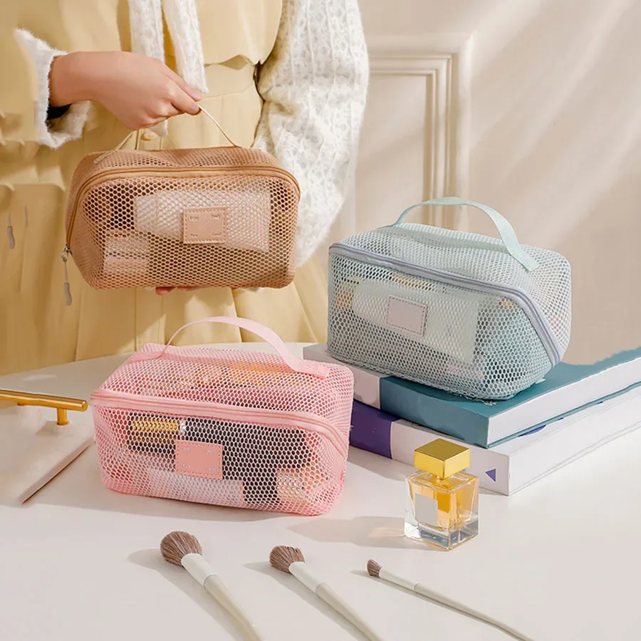 grande trousse de maquillage portable en maille grande capacité, avec fermeture éclair, multi-couches, transparente, organiseur de cosmétiques, trousse de toilette carrée