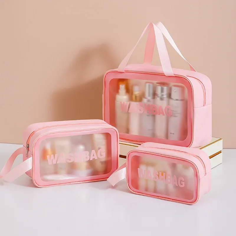 sac de maquillage et de toilette transparent en pu, grande capacité, sac de rangement portable semi-transparent givré en pvc