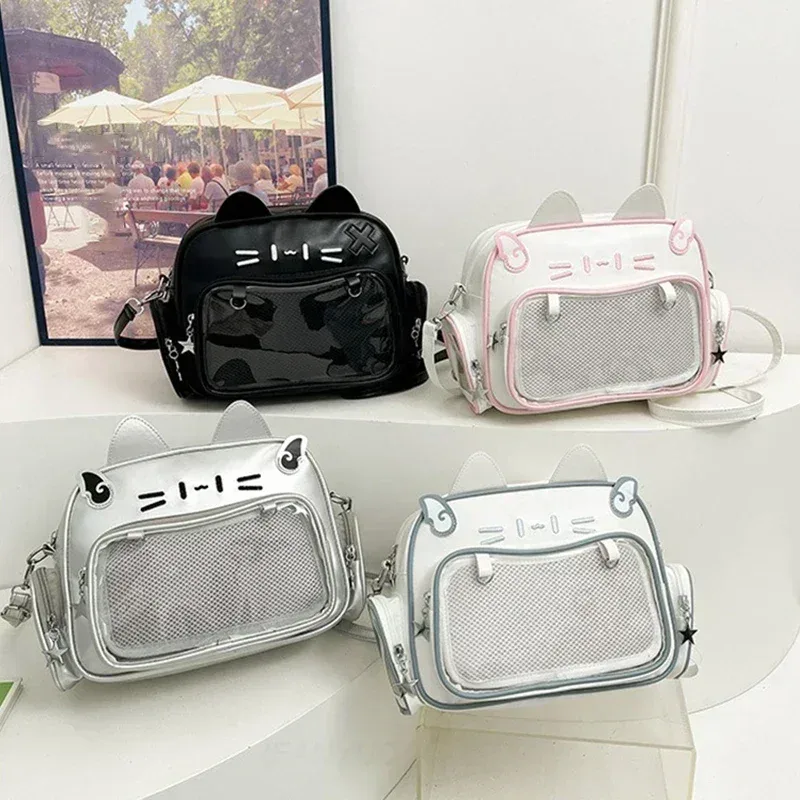 sacs à dos de mode pour femmes, style y2k, sac ita chat kawaii japonais, sacs à bandoulière en pu pour filles mignonnes, poche transparente, esthétique initiée