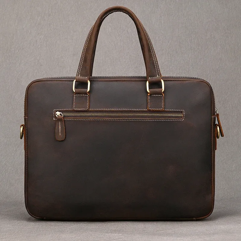 porte-documents en cuir véritable pour hommes, sac à main d'affaires en peau de vache pour ordinateur portable, style vintage, sac à bandoulière en cuir de cheval fou