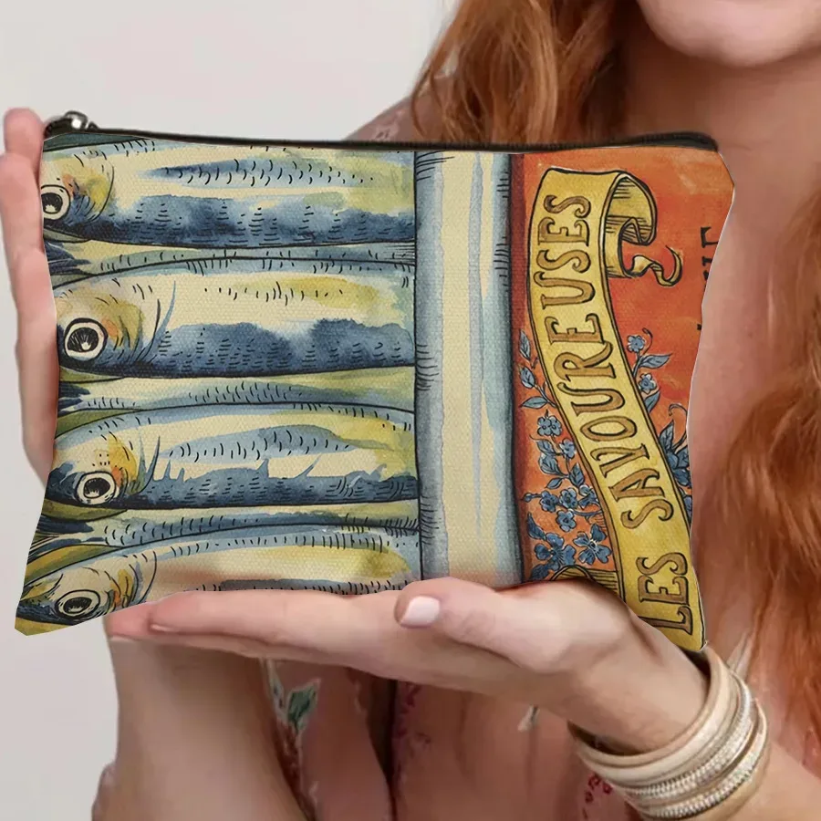 sac à cosmétiques vintage à motif de sardine, 1 pièce, organisateur de maquillage de voyage pour articles de toilette et pinceaux, design portable unisexe pour voyage